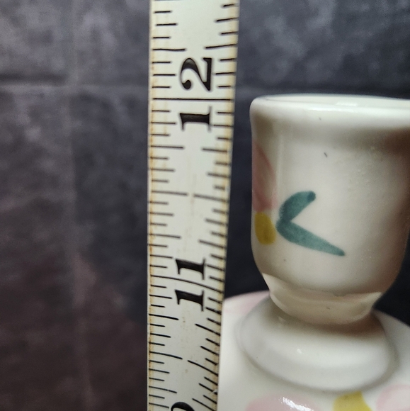 Signed Hand-Painted Ceramic Candlesticks Pink Green Flowers Lattice Design 12" - Picture 9 of 10